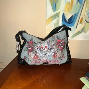 Ed Hardy Black and Gray Shoulder Bag with Floral Design